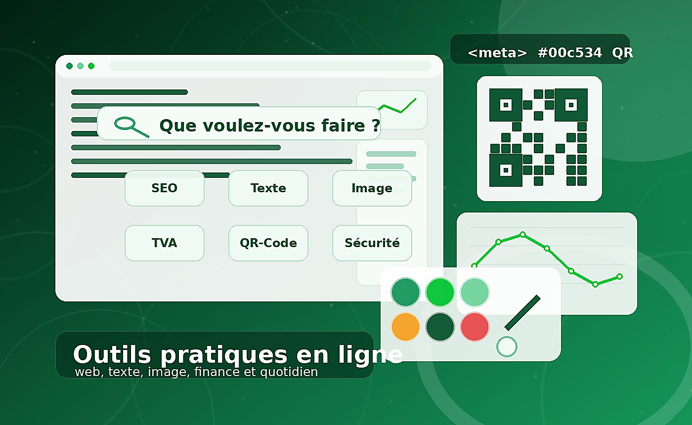 Interface d'outils en ligne avec recherche, code, couleurs, QR-Code et tableau de calcul