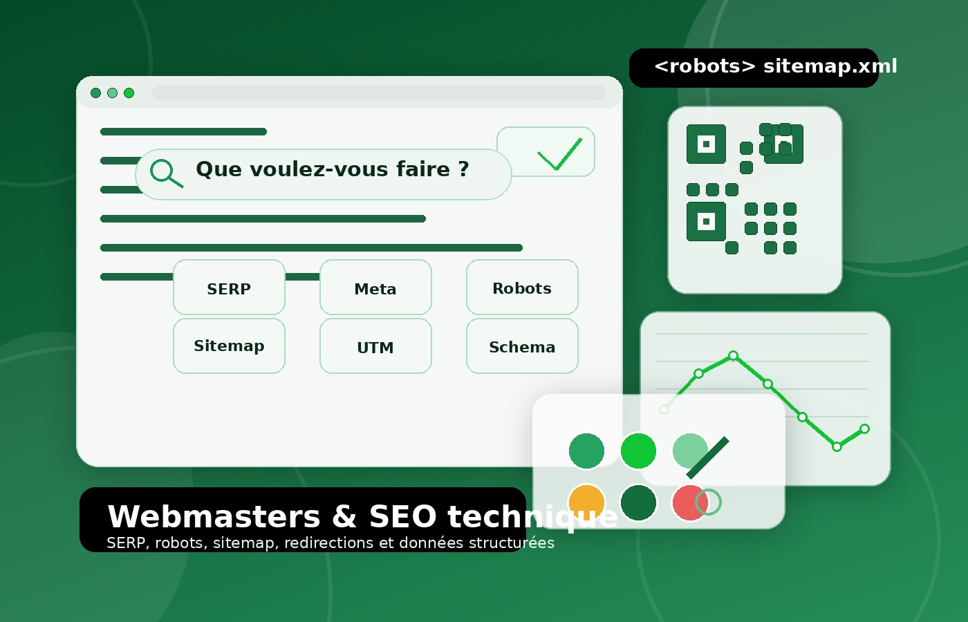 Illustration d'outils webmasters avec aperçu SERP, robots.txt, sitemap XML et structure SEO