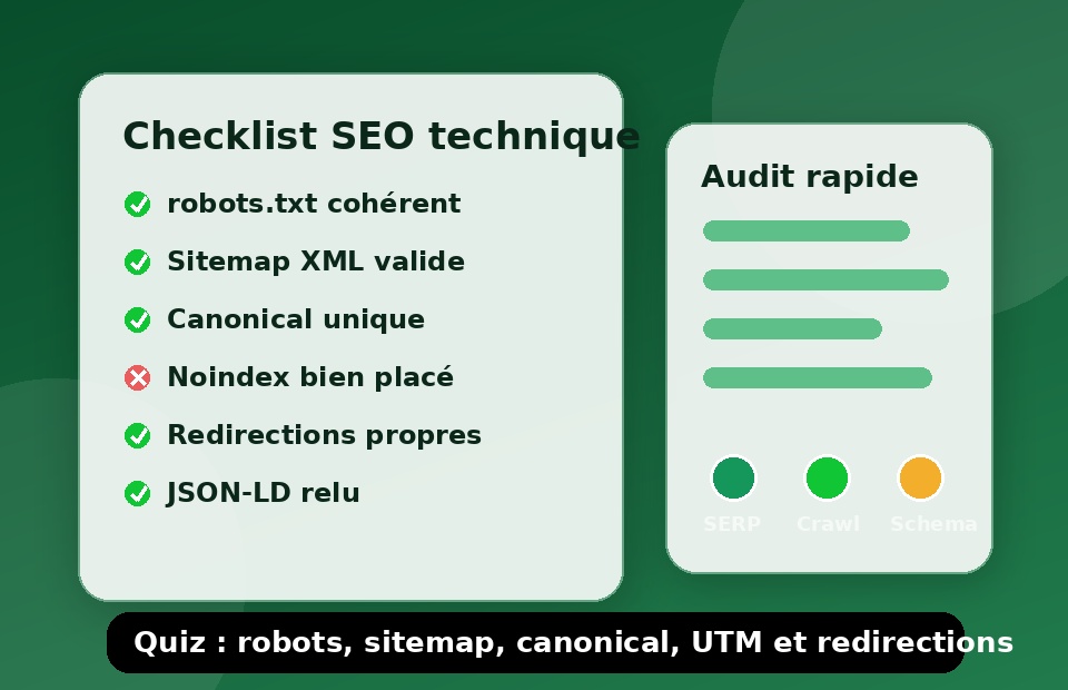 Illustration d'une checklist SEO technique avec robots, sitemap, canonical et redirections